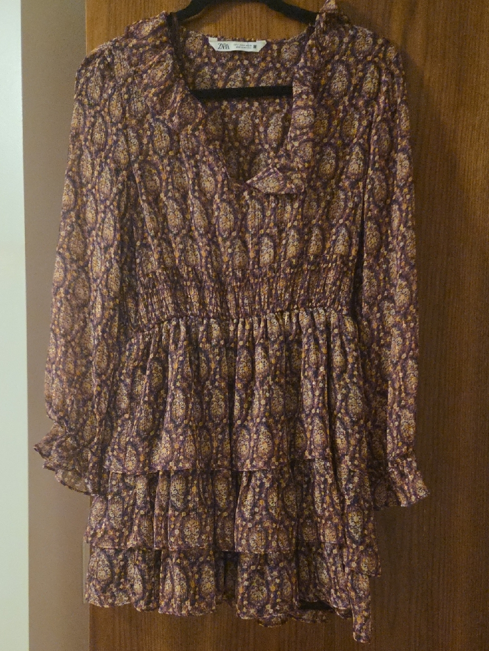 Zara Purple and Gold Paisley Tiered Ruffle Dress